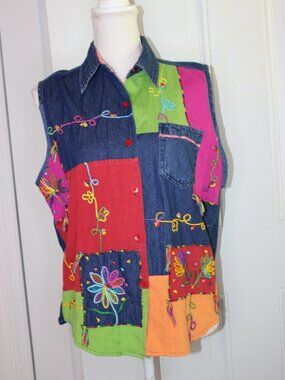 New Direction Size Large Patchwork Embroidered Denim Shirt Women's VINTAGE